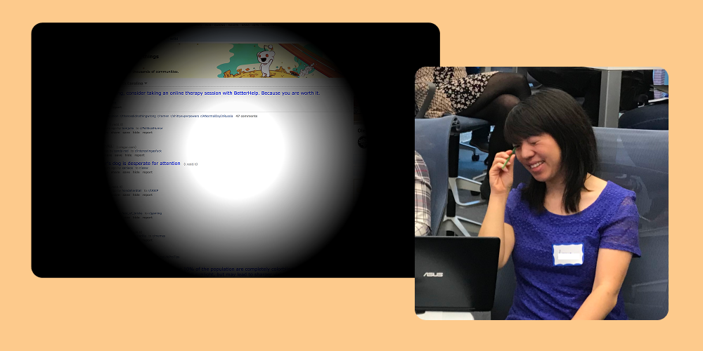 A woman looking through a narrow straw and a screenshot of a website with just the center visible to demonstrate narrow vision disabilities