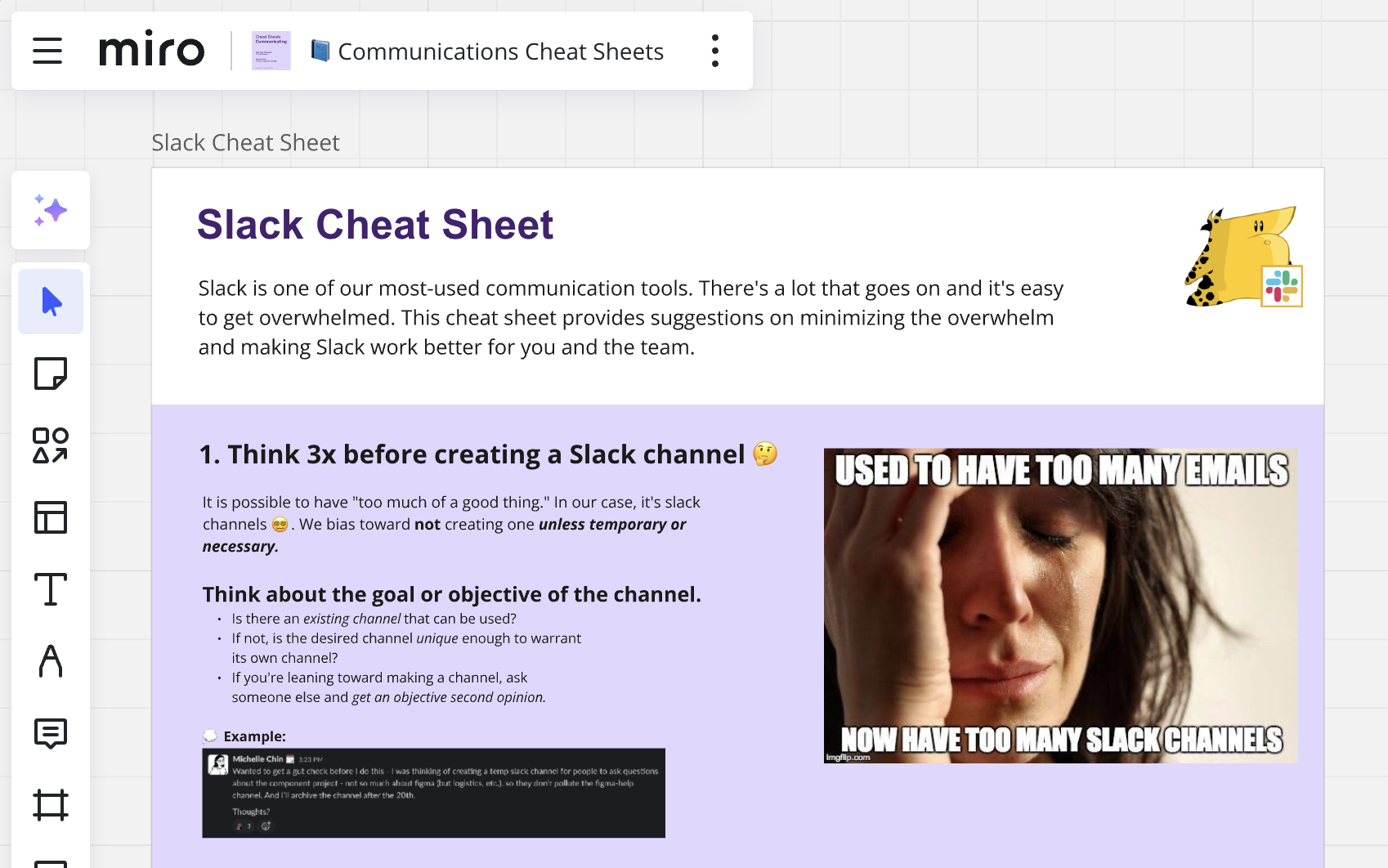 Screenshot of our communication cheat sheet in Miro.