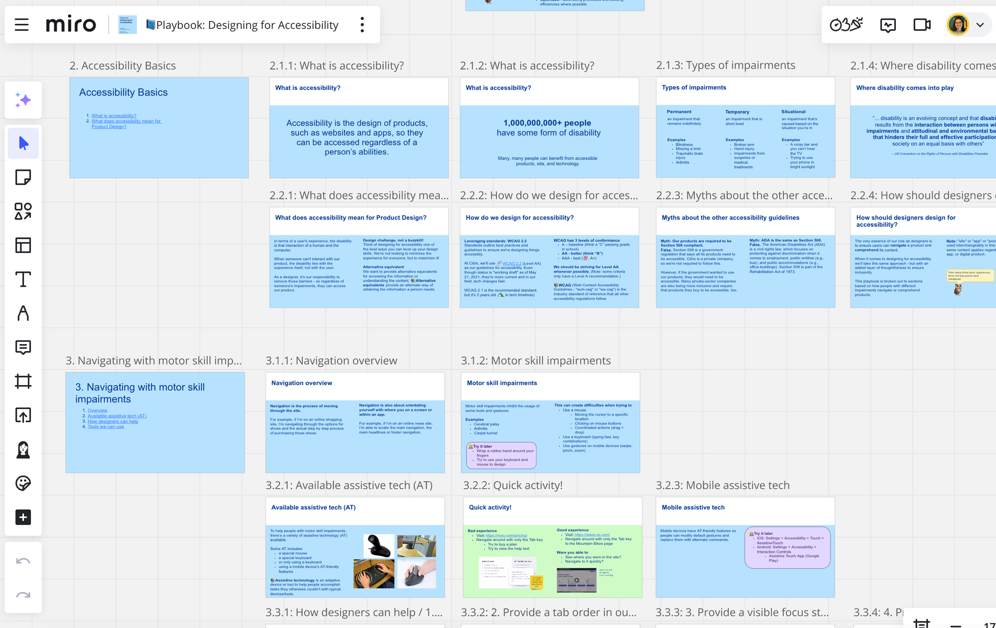 Screenshot of a Miro playbook on designing for accessibility